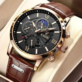 2023 New Mens Watches LIGE Top Brand Luxury Leather Casual Quartz - Vegan leather Imported