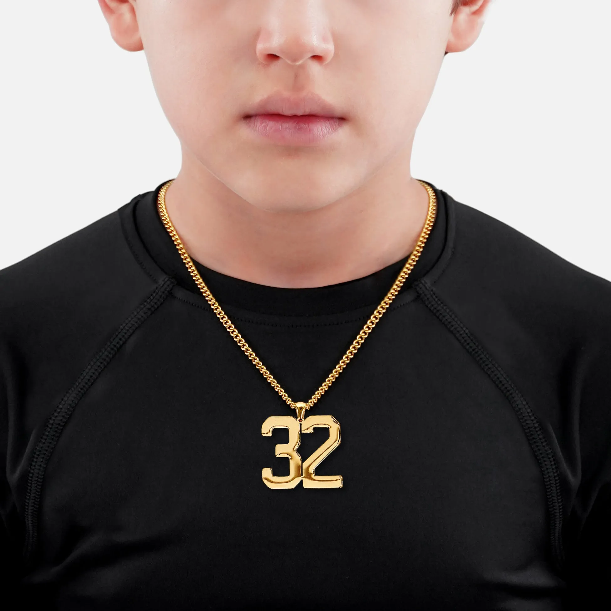 32 Number Pendant with Chain Kids Necklace - Gold Plated Stainless Steel