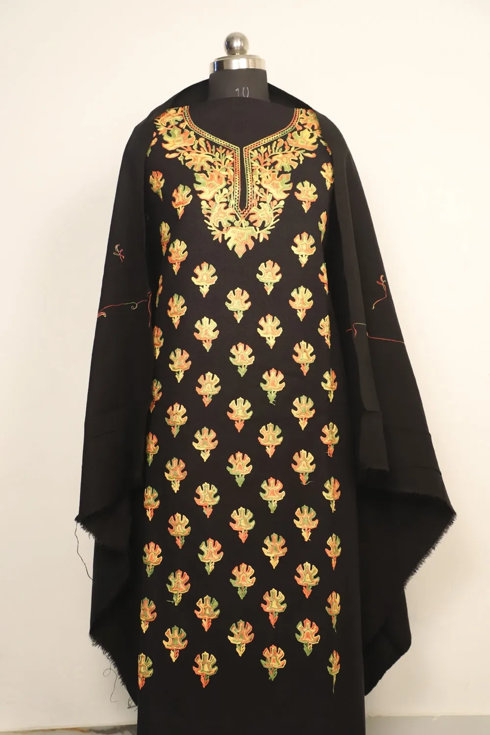 Black Color Kashmiri Woolen Aari Work Embroidered Unstitched Suit Fabric With Stole