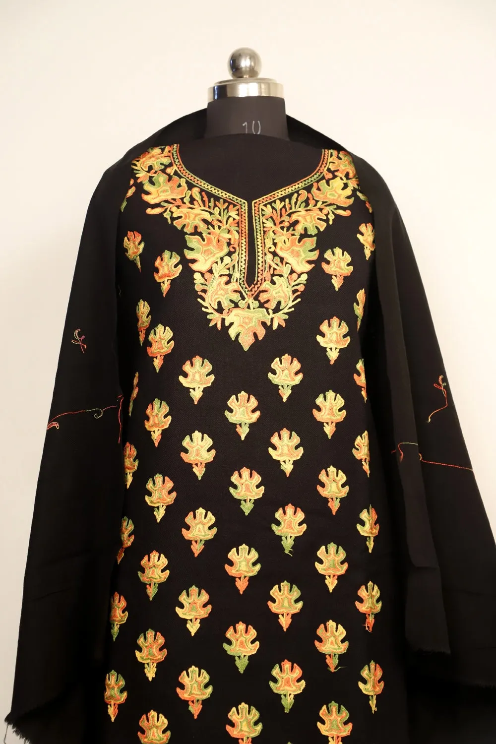 Black Color Kashmiri Woolen Aari Work Embroidered Unstitched Suit Fabric With Stole