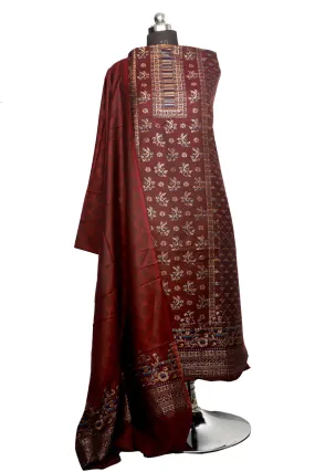 Brown Color Woolen Kashmiri Kani Work Unstitched Suit Fabric With Stole.