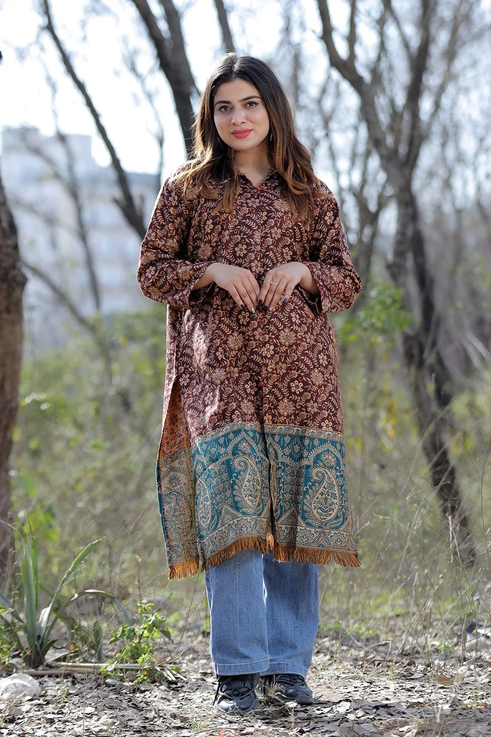 Exotic Brown Color Kashmiri Woven Sherwani With Paisleys Pattern