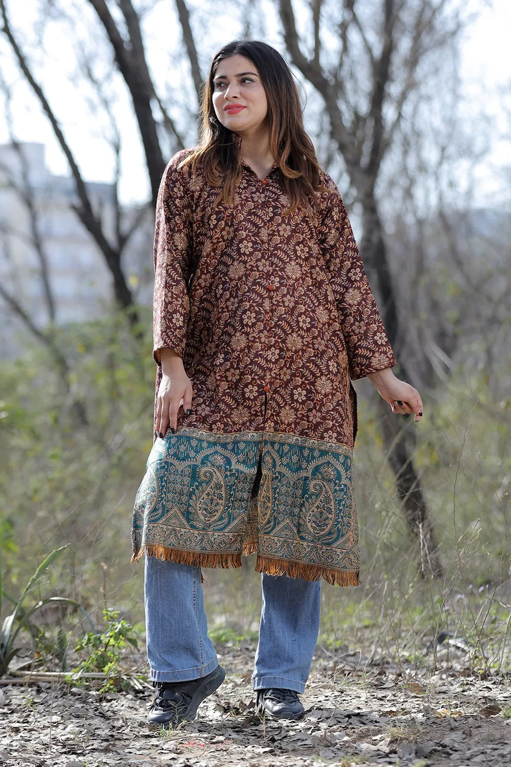 Exotic Brown Color Kashmiri Woven Sherwani With Paisleys Pattern