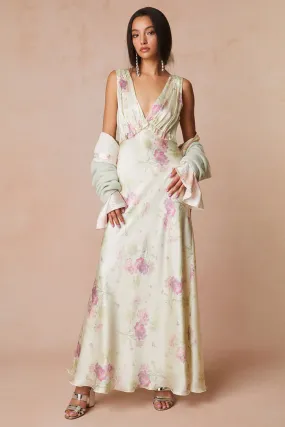 Suniva Silk Charmeuse Floral Maxi Dress- PEACHY SAGE