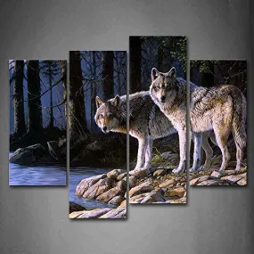 TWO WOLF STAND ON RIVER BANK FOREST WALL ART PAINTING WOLVES PICTURES PRINT ON CANVAS ANIMAL THE PICTURE FOR HOME MODERN DECORATION